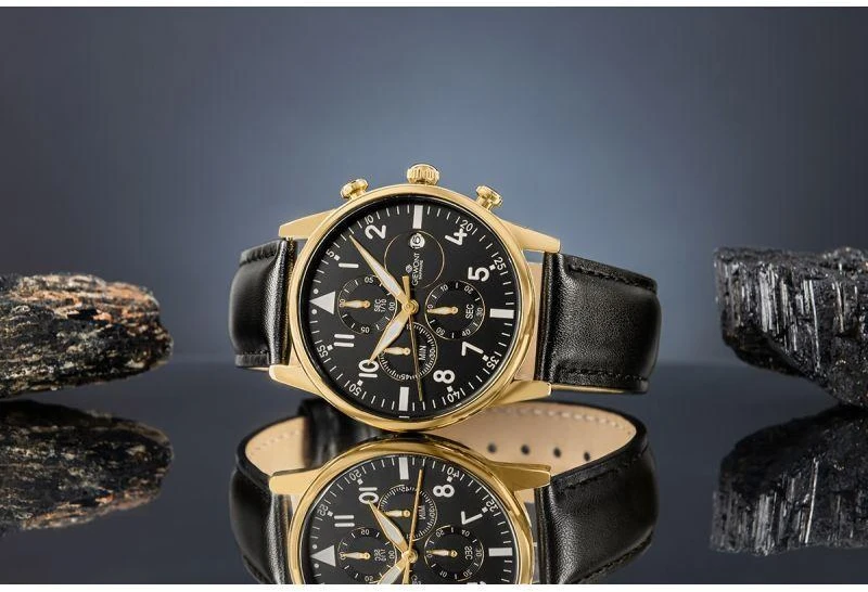 Vyriškas laikrodis Giewont Chronograph Safyrinis Juodas ir auksas GW5630-A4