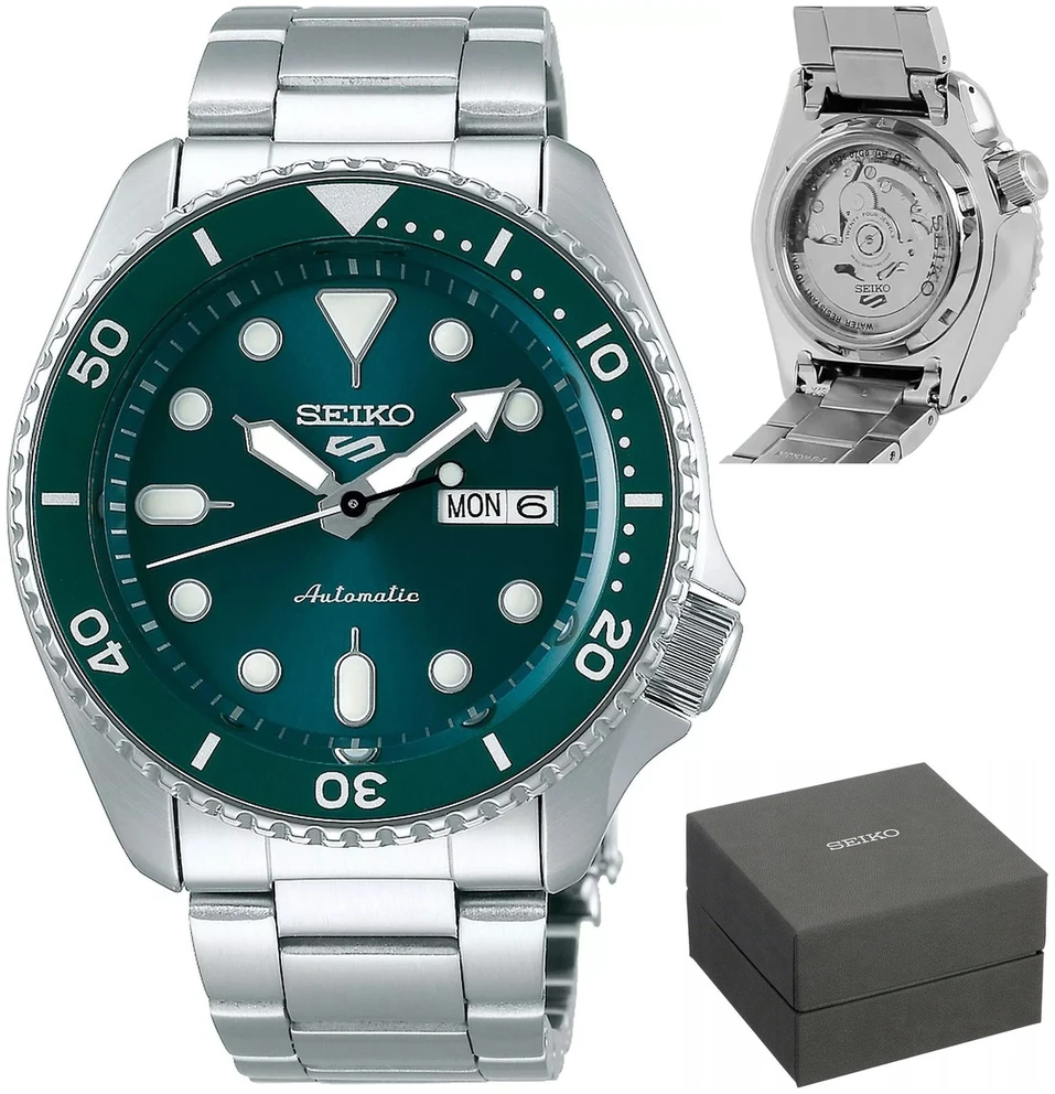 Vyriškas laikrodis Seiko 5 Sports SRPD61K1, sidabrinės ir žalios spalvos, su dėžute