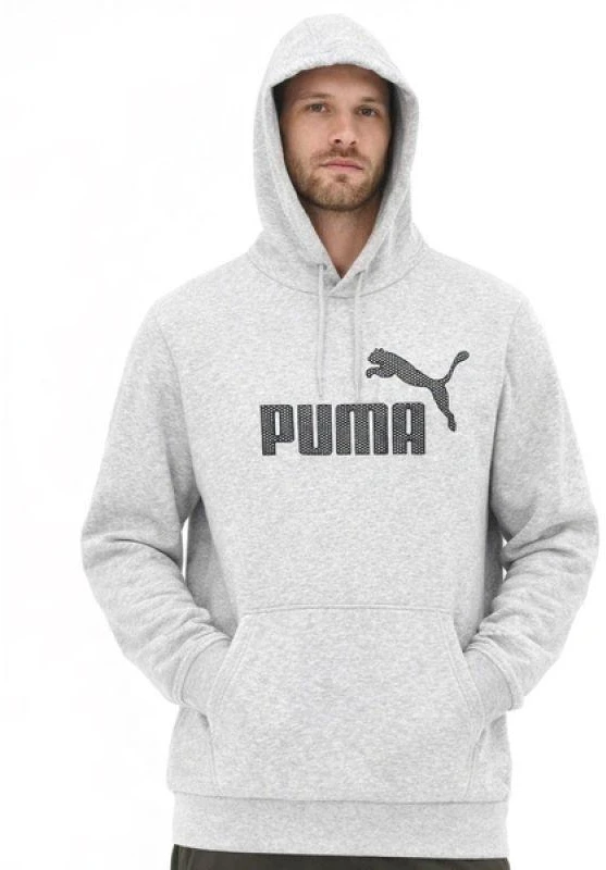 Vyriškas madingas pilkas medvilninis su kengūros kišene sportinis džemperis su gobtuvu Puma