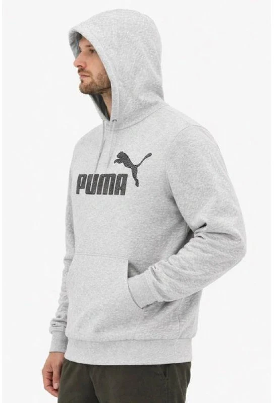 Vyriškas madingas pilkas medvilninis su kengūros kišene sportinis džemperis su gobtuvu Puma