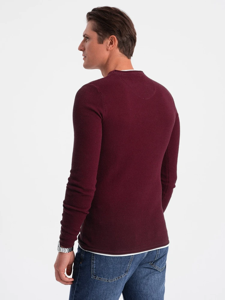 Vyriškas medvilninis bordo megztinis su apvalia iškirpte