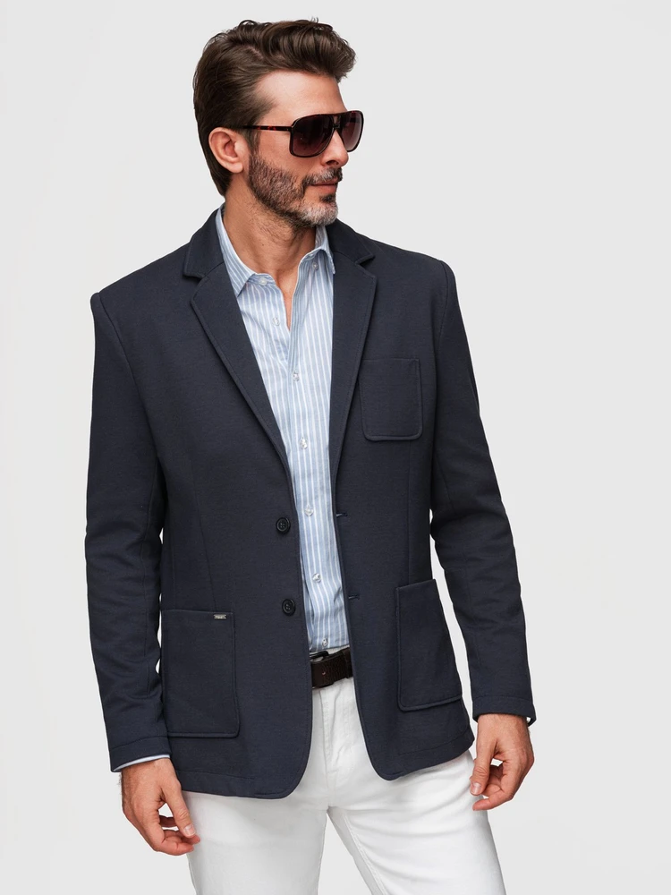 Vyriškas tamsiai mėlynas slim fit švarkas su tekstūruotu trikotažu