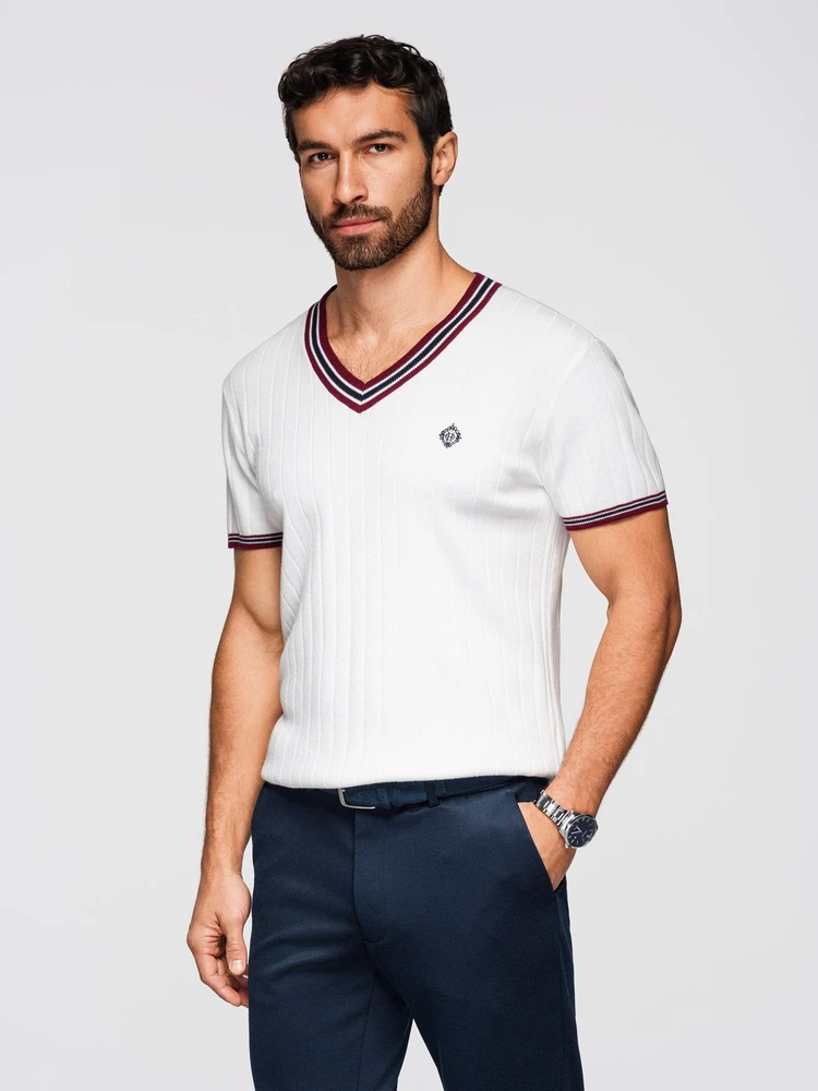 Vyriški balti viskozės marškinėliai V formos iškirpte