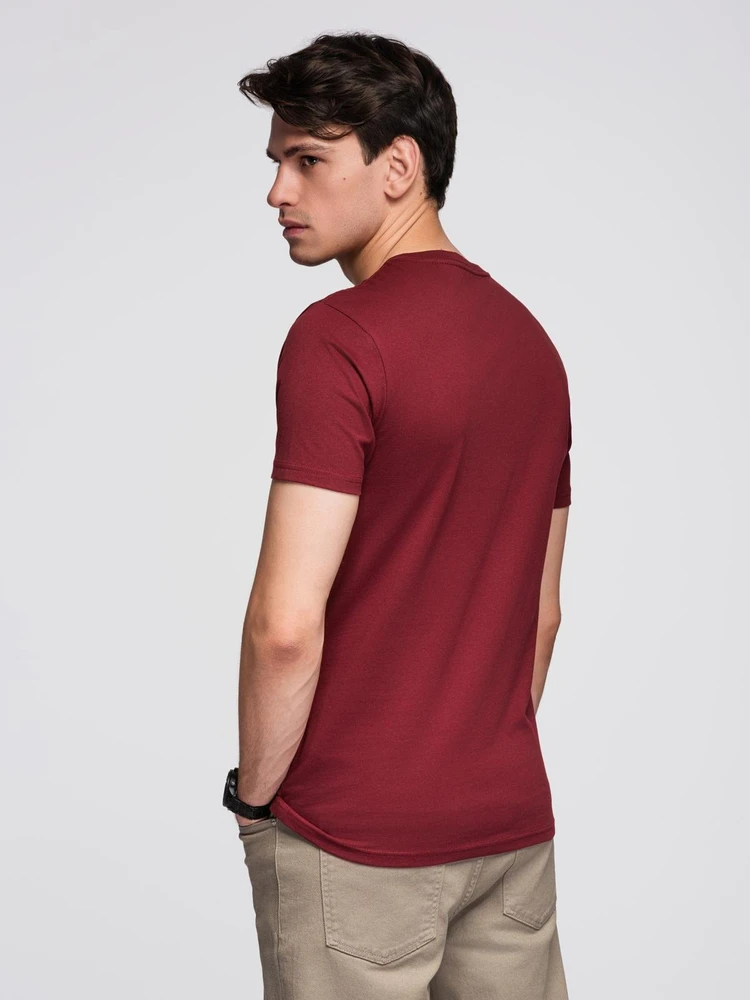 Vyriški bordo spalvos medvilniniai marškinėliai su V formos iškirpte