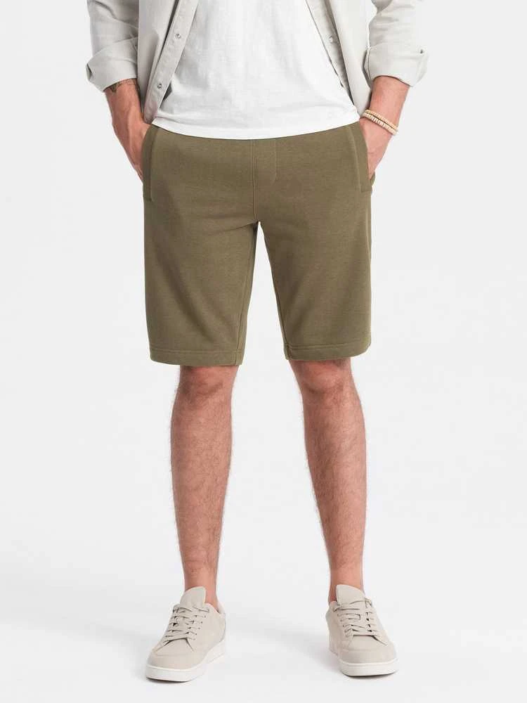 Vyriški medvilniniai trikotažiniai laisvalaikio šortai - alyvuogių spalvos
