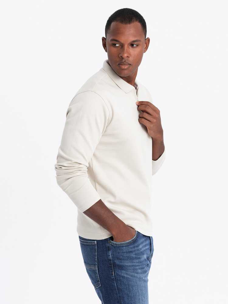 Vyriški polo ilgomis rankovėmis su užsegamu apykaklės užtrauktuku - kreminė