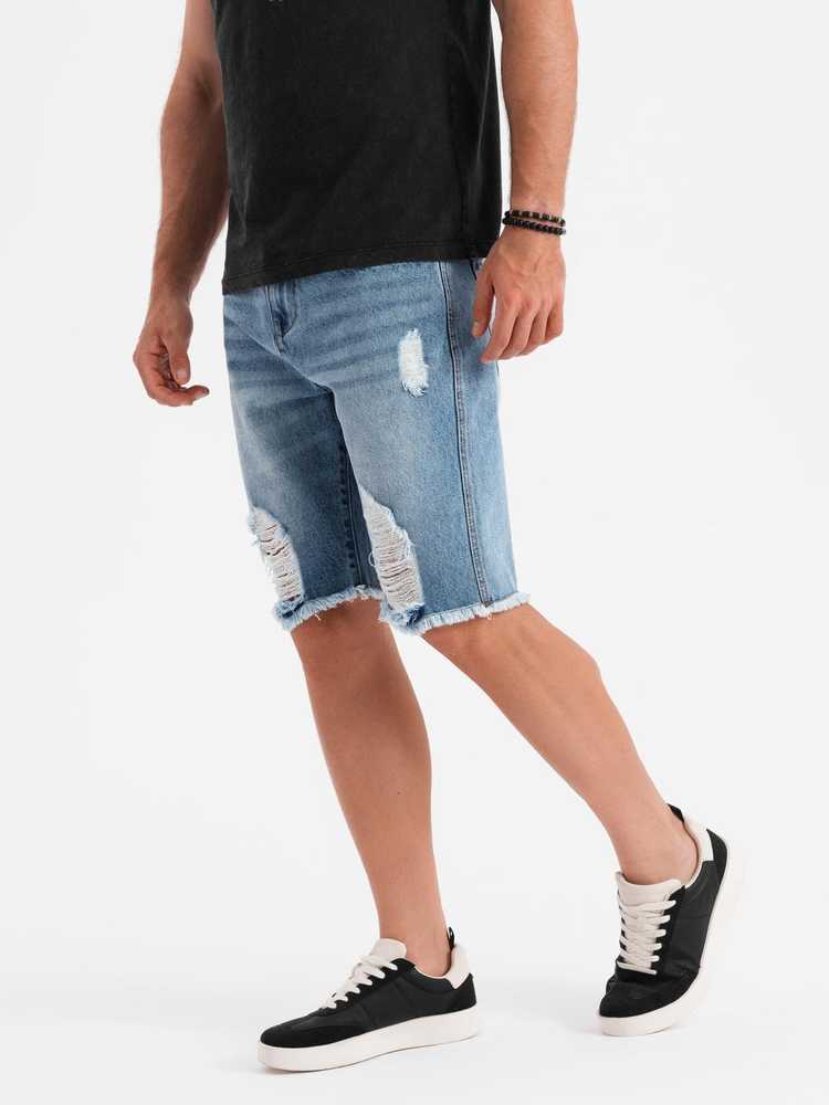 Vyriški šviesiai mėlyni džinsiniai šortai su plėšymais vasarai