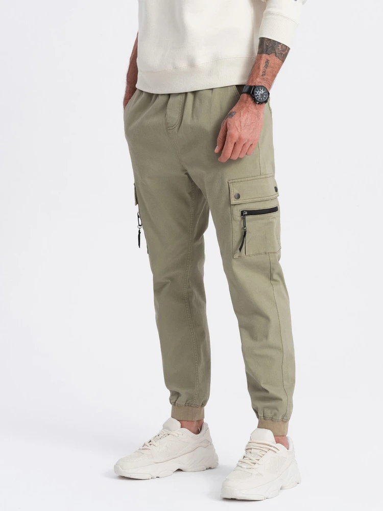 Vyriškos chaki jogger tipo kelnės su cargo kišenėmis