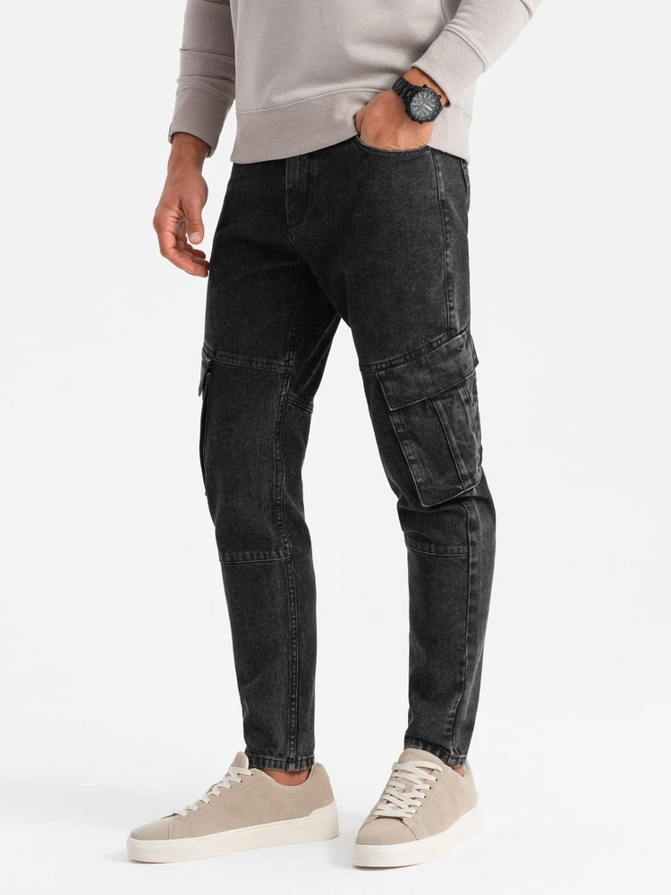 Vyriškos juodos cargo kelnės slim fit su bleached efektu