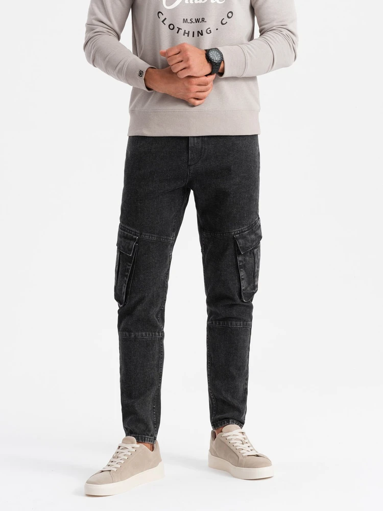Vyriškos juodos cargo kelnės slim fit su bleached efektu