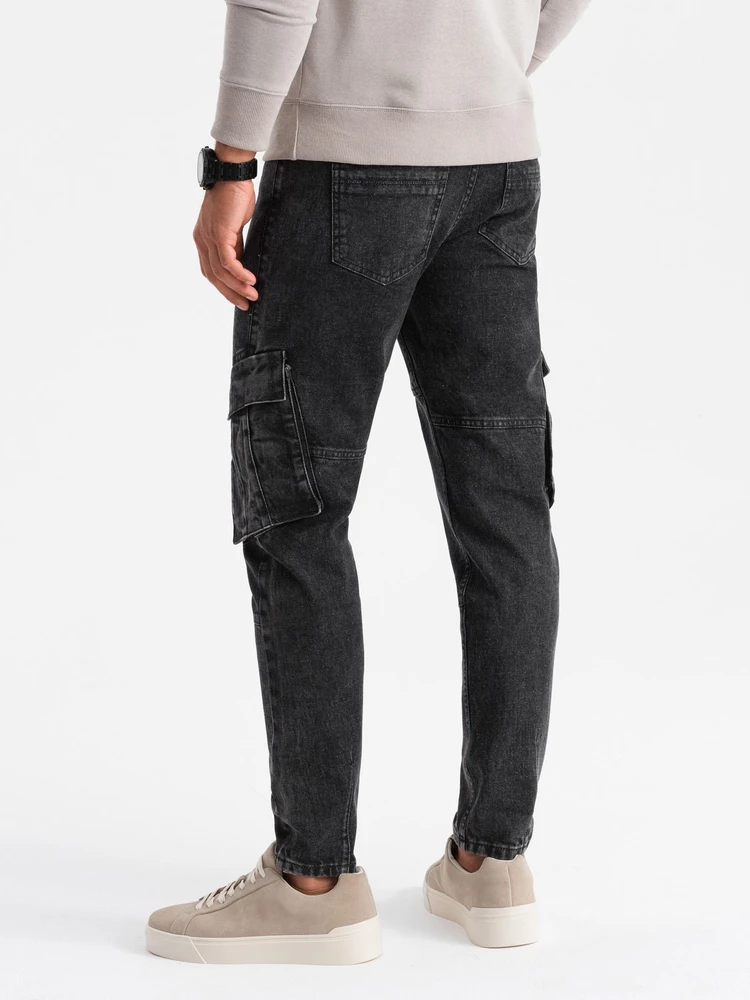 Vyriškos juodos cargo kelnės slim fit su bleached efektu