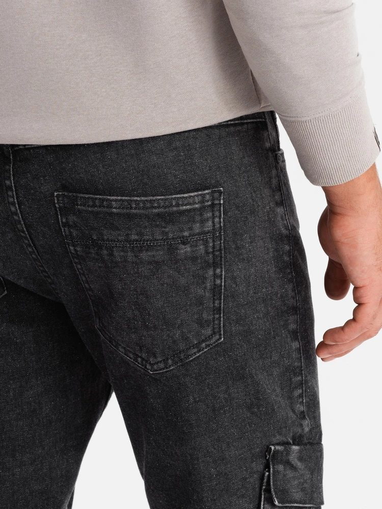 Vyriškos juodos cargo kelnės slim fit su bleached efektu