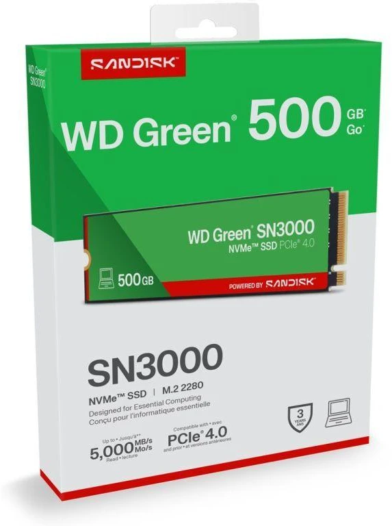 Ausinės WD Žalias SN3000 500 GB M.2 NVMe WDS500G4G0E SSD