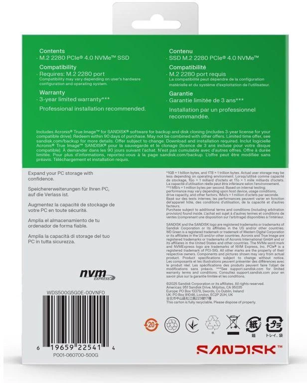 Ausinės WD Žalias SN3000 500 GB M.2 NVMe WDS500G4G0E SSD