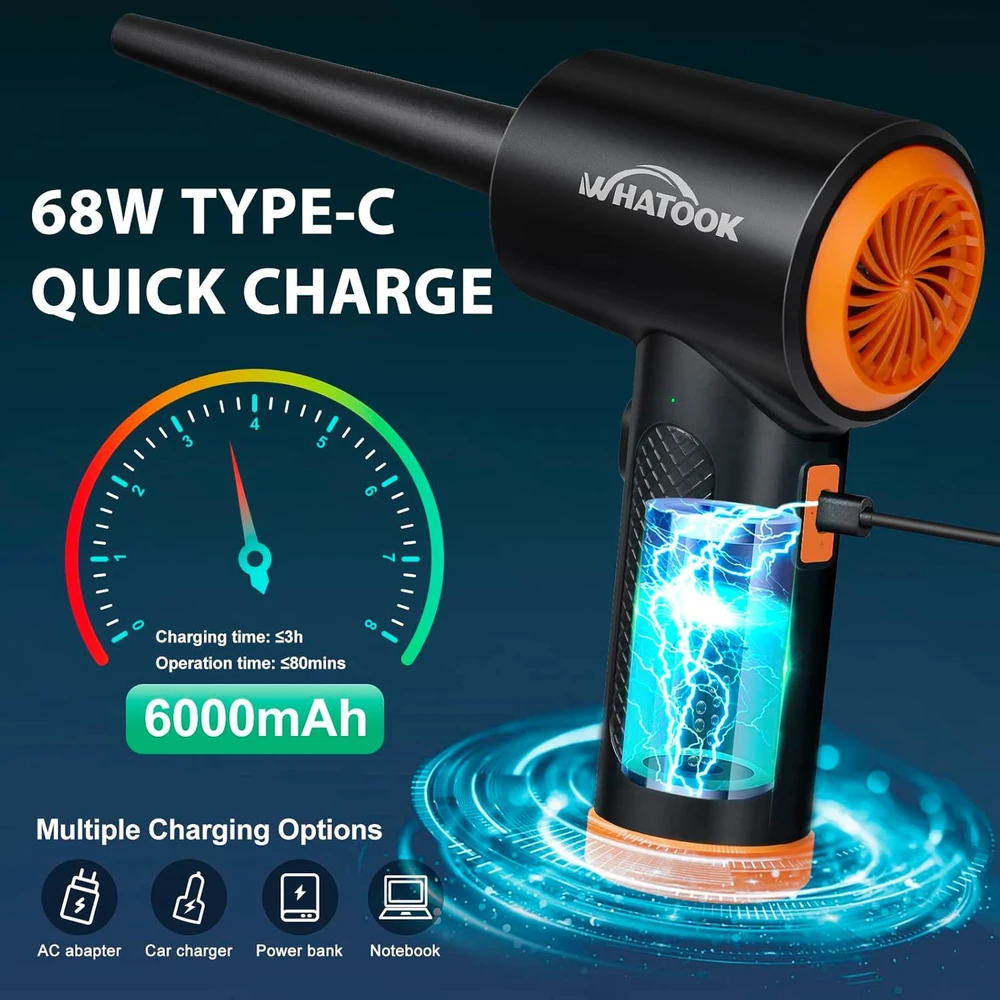 Valiklis WHATOOK elektrinė dulkių pūstuvas 60 000 aps./min, 3 greičių, belaidė su LED, 6000 mAh