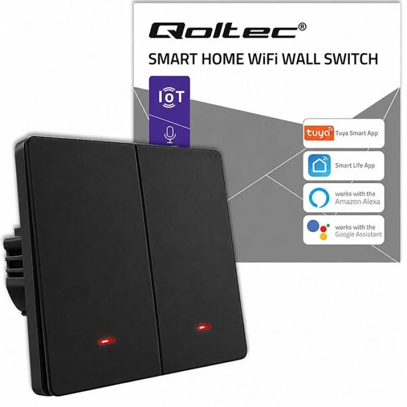 Qoltec 52708 Smart 2-Gang Light Switch | Wi-Fi | Timer | Tuya | Smart life | Juodas