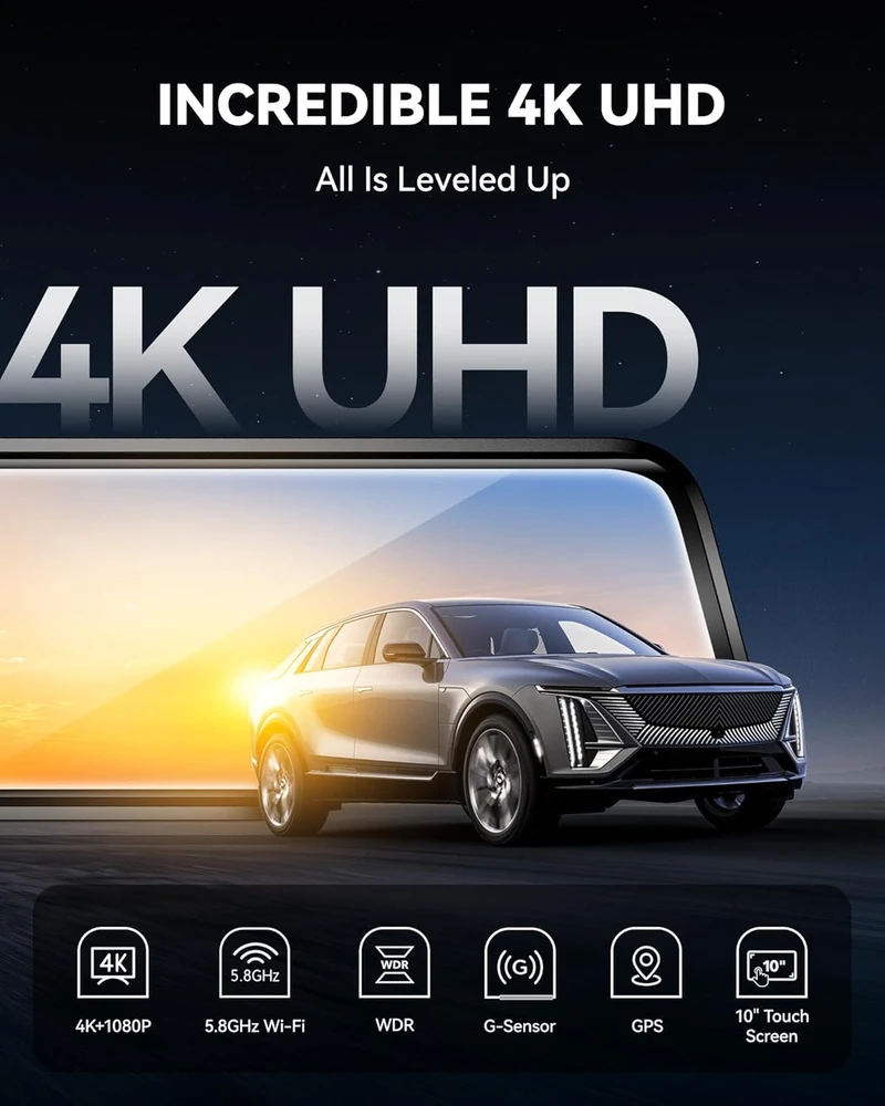 WOLFBOX veidrodinė automobilinė kamera 4K, Wi-Fi 5.8 GHz, GPS, priekinė ir galinė, G930