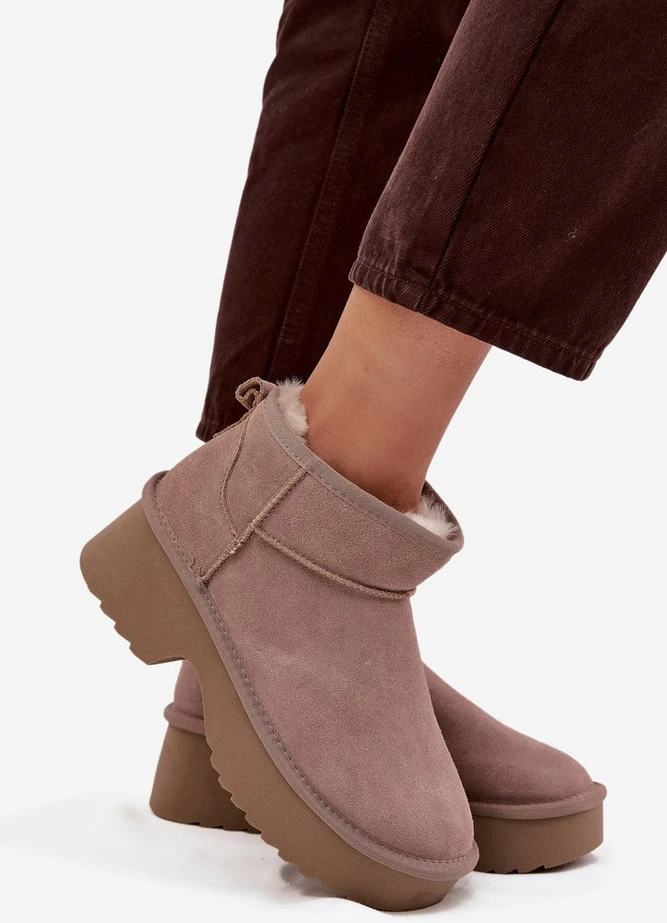 Women's Snow Boots Made of Natural Suede Lined with Fur Khaki Milora