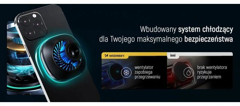 Wozinsky WCT5-Q6S2Y automobilinis telefono laikiklis su Qi/MagSafe 15W Inductive Charger for Ventilation Grilis with Fan – juodos spalvos