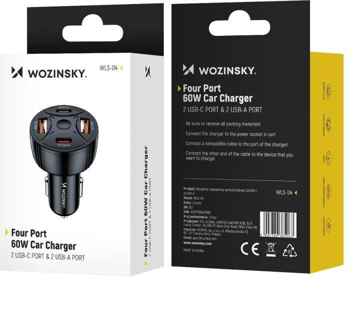 Wozinsky WLS-04 60W Car Charger 2xUSB-C 2xUSB-A - Juodas