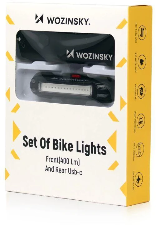 Wozinsky WSBLB2 Priekinis (400 lm) ir Galinis USB-C Dviračio Žibintų Rinkinys - Juodas