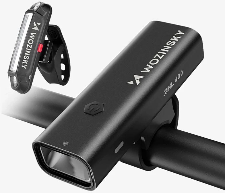 Wozinsky WSBLB2 Priekinis (400 lm) ir Galinis USB-C Dviračio Žibintų Rinkinys - Juodas