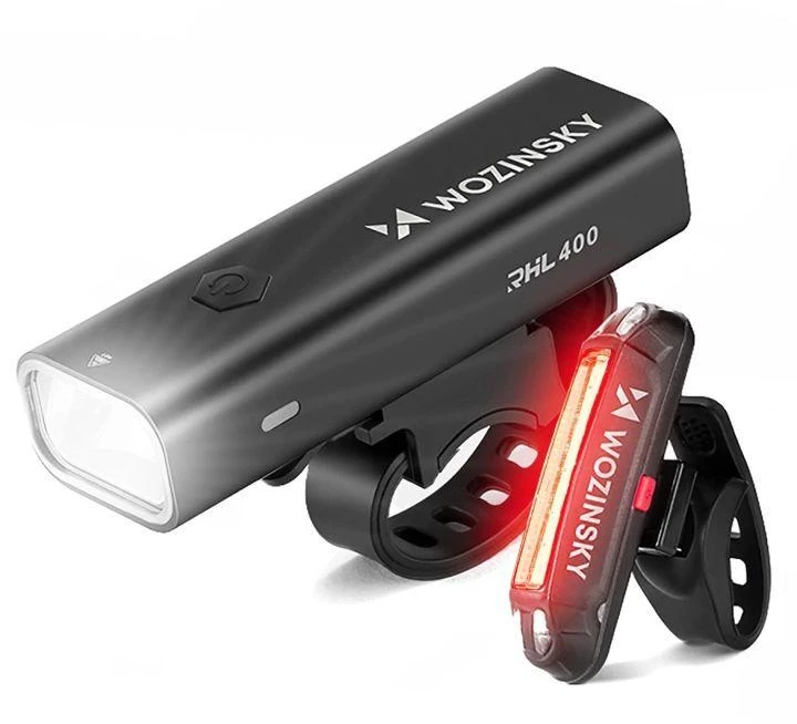 Wozinsky WSBLB2 Priekinis (400 lm) ir Galinis USB-C Dviračio Žibintų Rinkinys - Juodas