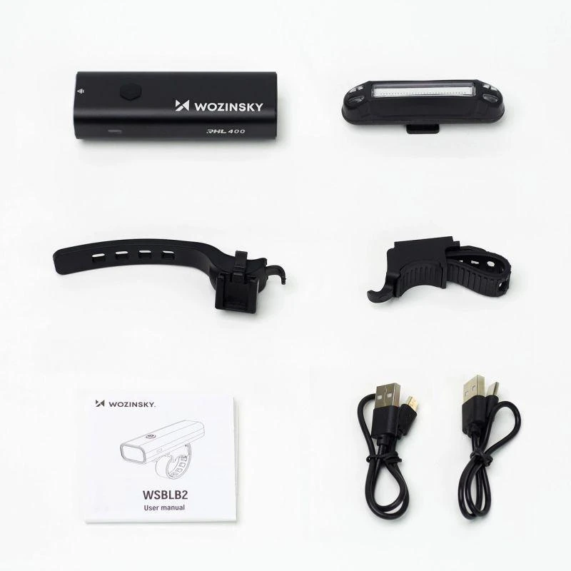 Wozinsky WSBLB2 Priekinis (400 lm) ir Galinis USB-C Dviračio Žibintų Rinkinys - Juodas