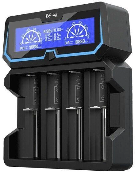 XTAR įkroviklis cilindrinėms li-jonų 18650 baterijoms, suderinamas su apsaugotais 20700/21700 elementais X4