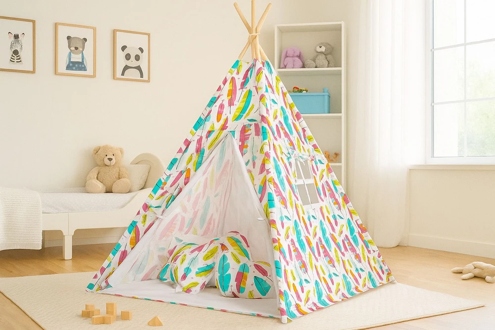 Žaidimų palapinė vaikams su kilimėliu ir pagalvėlėmis Colorful Feather – žaidimams ir jaukumui namuose.