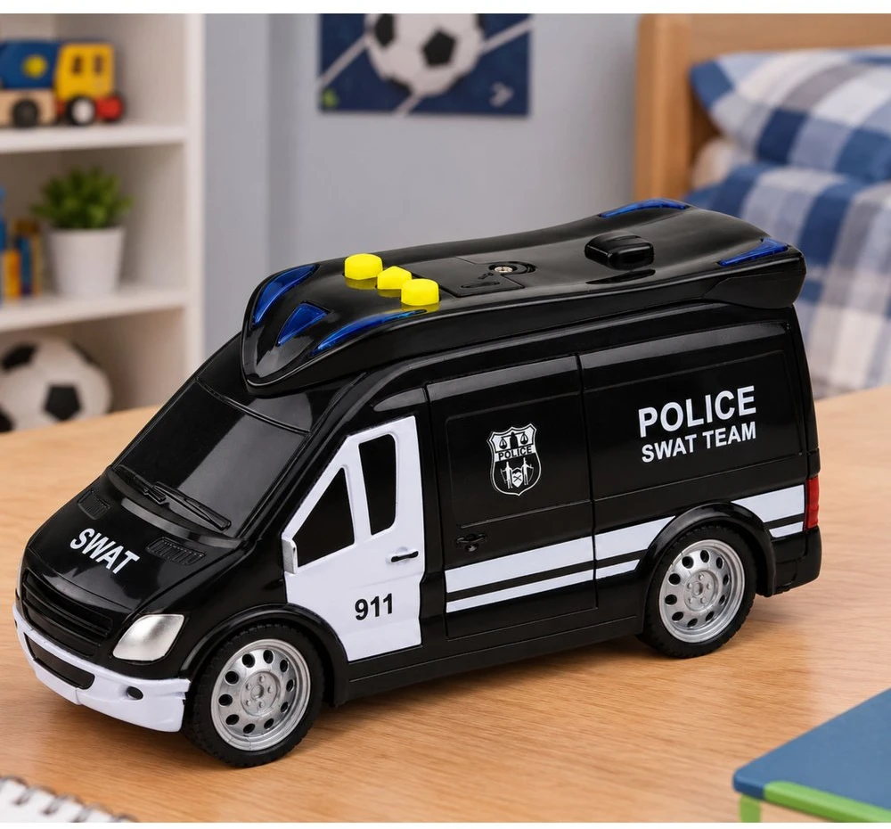 Lean Toys Žaislinis SWAT policijos furgonas su šviesos ir garso efektais, juodos ir baltos spalvos, 15,5 × 7,5 × 8,5 cm