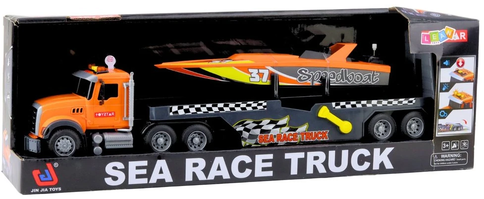 Lean Toys Žaislinis sunkvežimis su motorine valtimi ir šviesos bei garso efektais