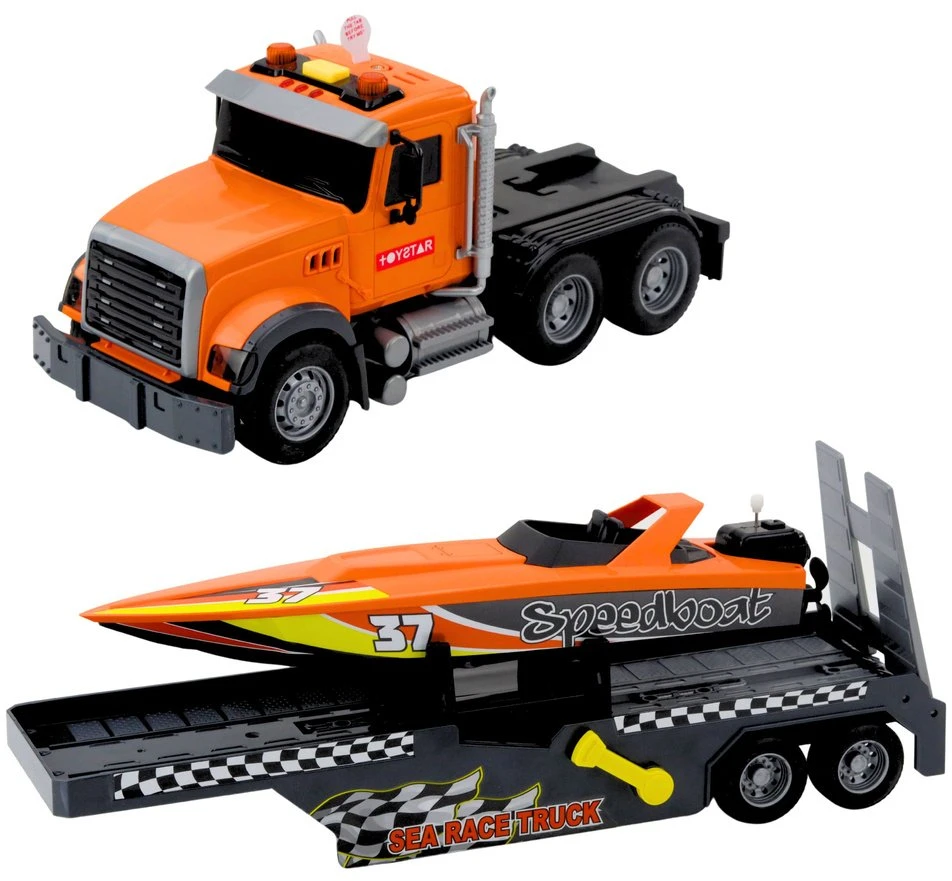 Lean Toys Žaislinis sunkvežimis su motorine valtimi ir šviesos bei garso efektais