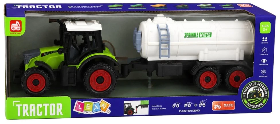 Lean Toys Žaislinis traktorius su cisterna, frikcinė pavara, žalias/baltas, 34 × 10 × 7,5 cm