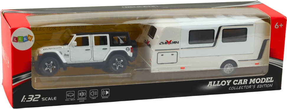 Lean Toys Bekelės Automobilis su Kemperiu Baltas 1:32 – Metalinis Modelis su Šviesomis ir Garsais