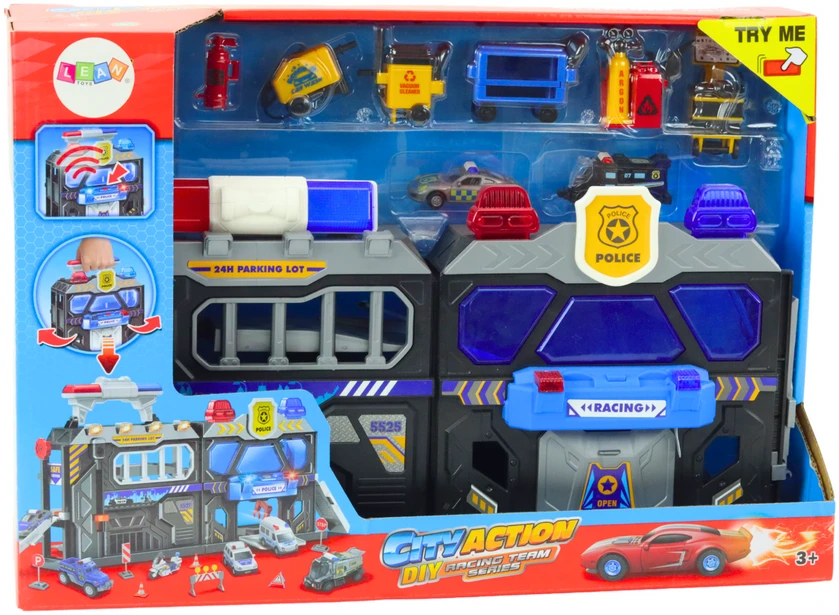 Lean Toys Išplečiamas žaislinis garažo rinkinys lagamine su policijos šviesomis, 56x23x18 cm