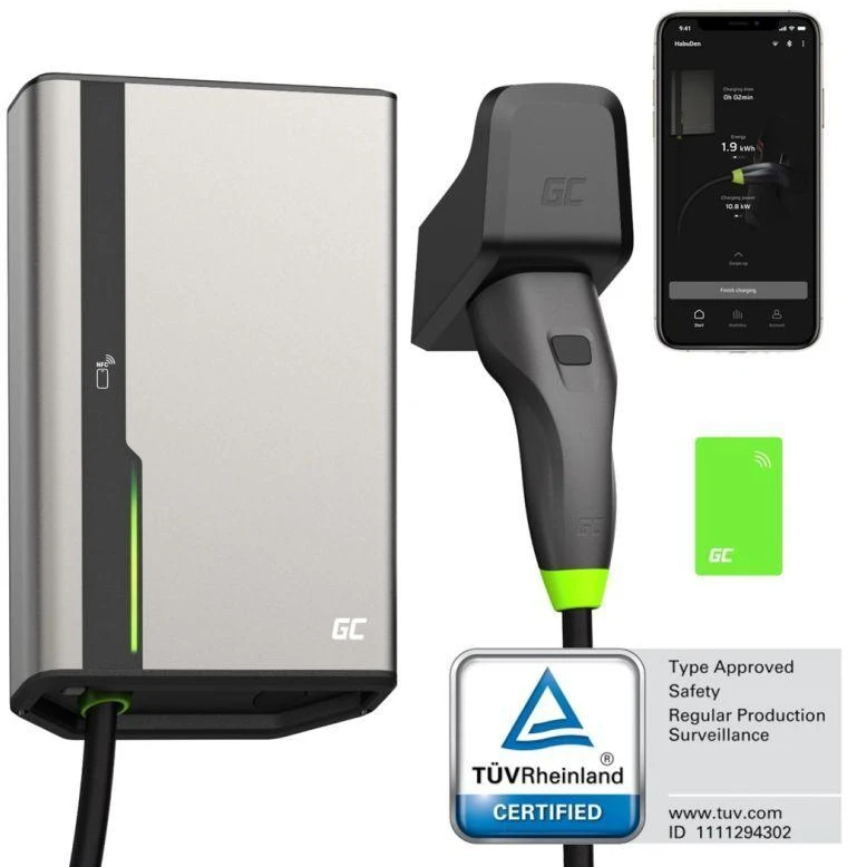 Green Cell „Žalias Cell“ sieninė įkrovimo dėžutė Žalias „Cell HabuDen“ 22 kW 32 A - 7,5 m laidas su NFC