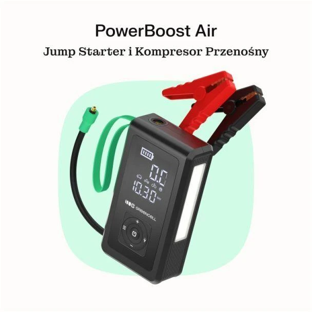 Žalias CELL IŠORINĖ BATERIJA / BOOSTER / AUTOMOBILINIS UŽVEDIKLIS / ORO KOMPRESORIUS POWERBOOST AIR 8000MAH 1000A - SU KOMPRESORIUMI