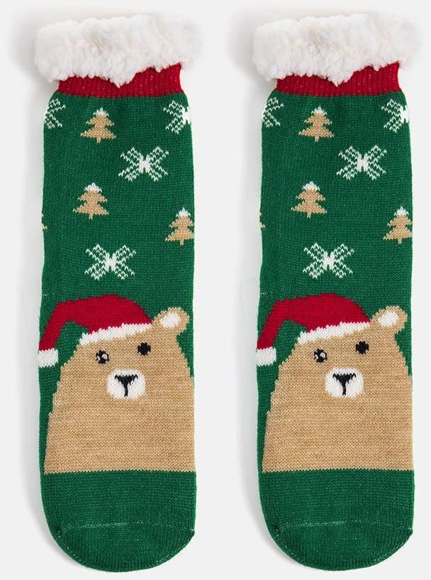 Žalios šilti kojinės su Challi Bear