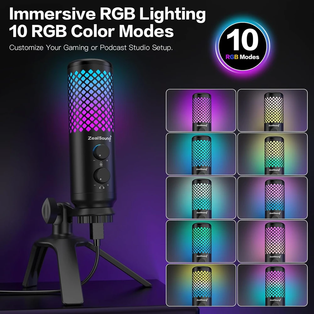 ZealSound USB kondensatorinis biurinio tipo mikrofonas su RGB apšvietimu ir triukšmo mažinimu BD2-EU