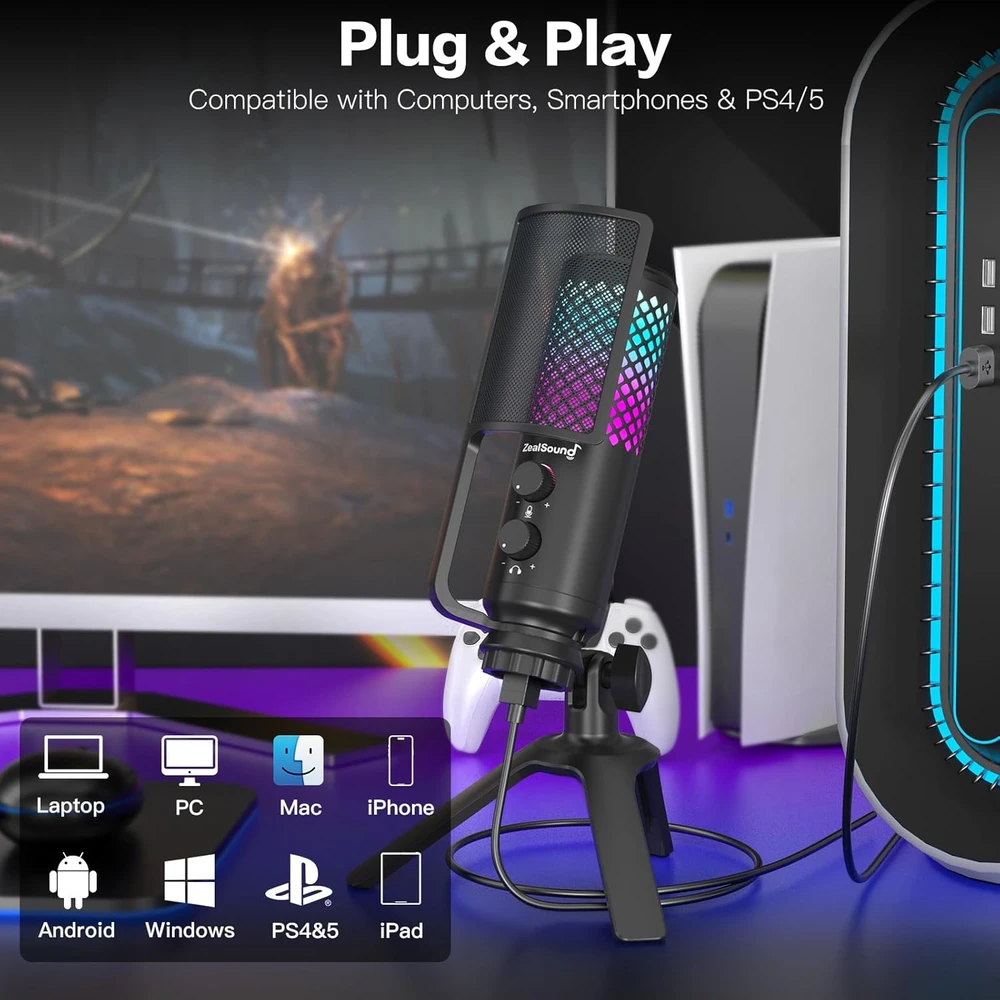 ZealSound USB kondensatorinis biurinio tipo mikrofonas su RGB apšvietimu ir triukšmo mažinimu BD2-EU