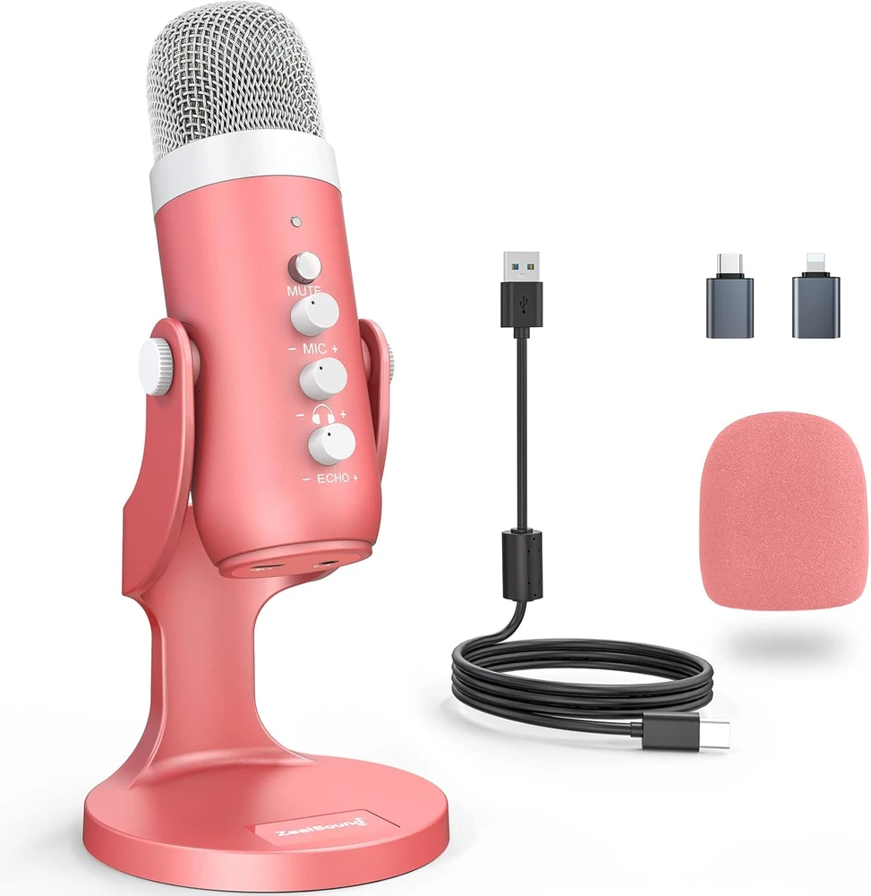 Zealsound USB stalo mikrofonas su kardioidine kryptimi, Echo funkcija, 3,5 mm ausinių išvestimi, K66P-Roze modelis