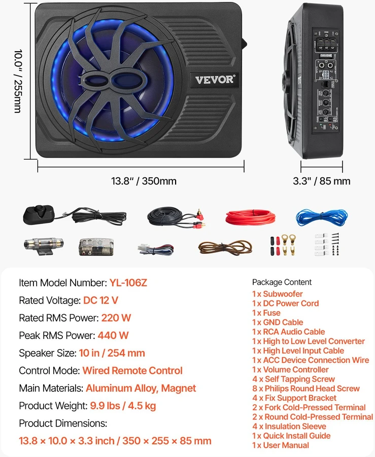 Vevor 10 colių 440W po sėdyne sumontuotas automobilio žemų dažnių garsiakalbis
