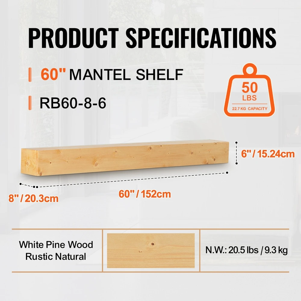 VEVOR Židinio mantijos medinė lentyna 152 cm natūrali