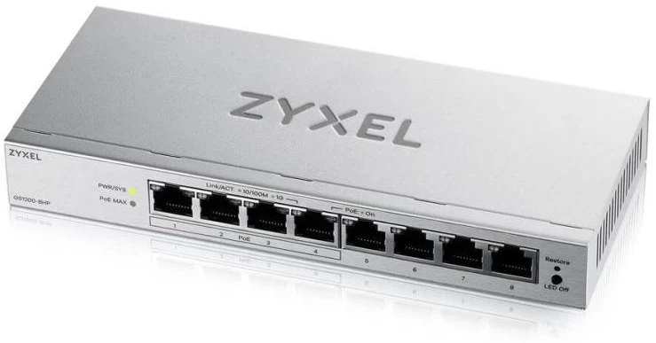 Šakotuvas „Zyxel GS1200-8HPV3“ valdomas L2 gigabito Ethernet (10/100/1000) maitinimas per Ethernet (PoE) darbalaukio pilkas