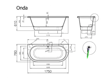 Akmens masės vonia Vispool Onda, 175x76 balta