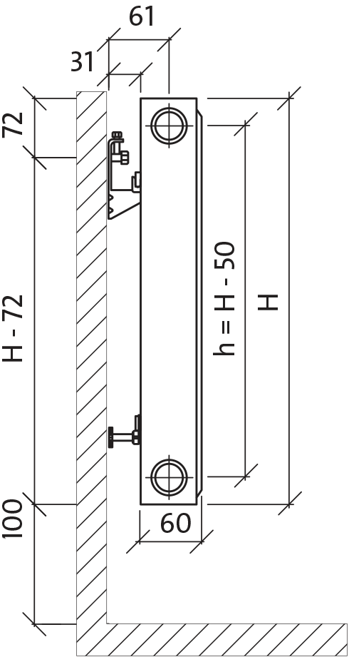 Apatinio pajungimo radiatorius Purmo CV 11, 500-1100