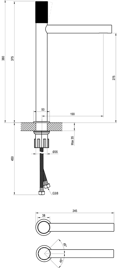 Aukštas praustuvo maišytuvas Ravak Revers 375 mm, RV 015.00CR Grid, chromas, be dugno vožtuvo