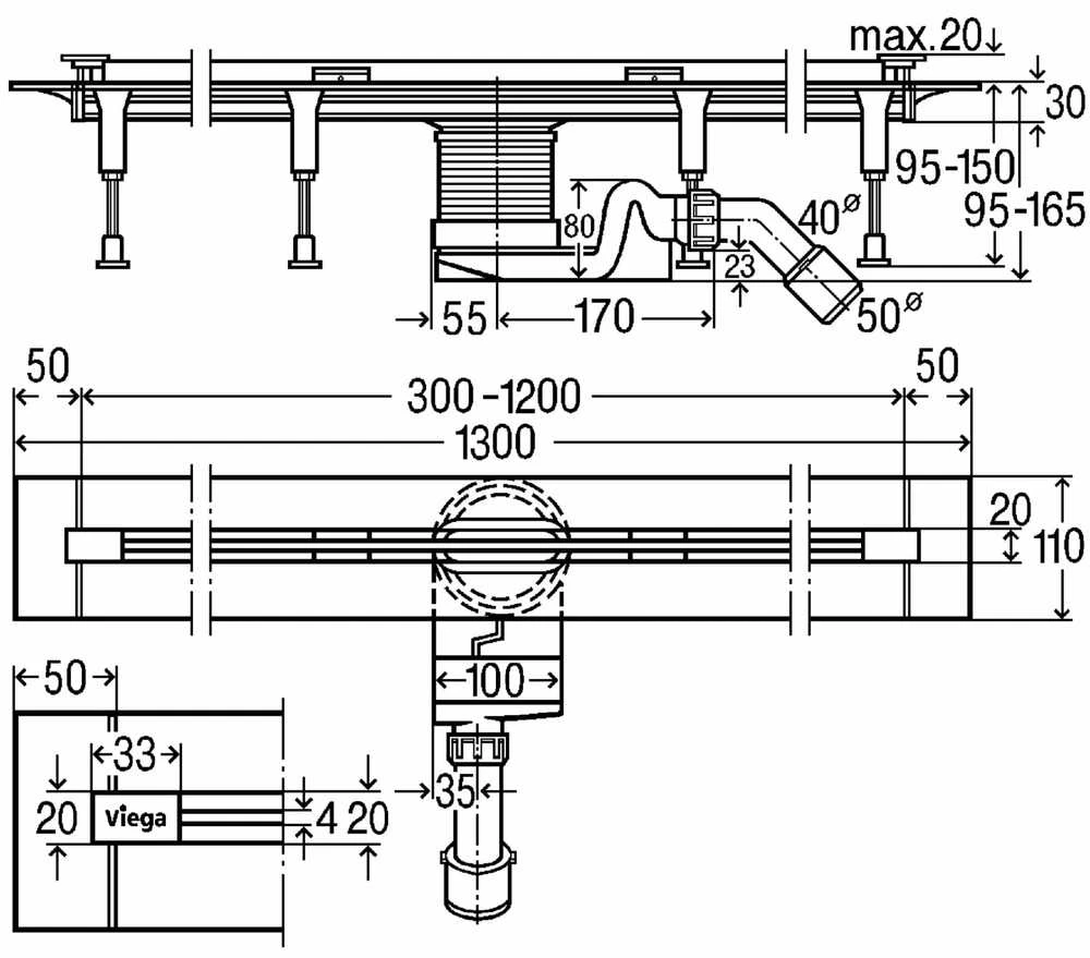 Dušo latakas Viega Advantix Vario 30-120 cm, su nerūdijančio plieno grotelėmis