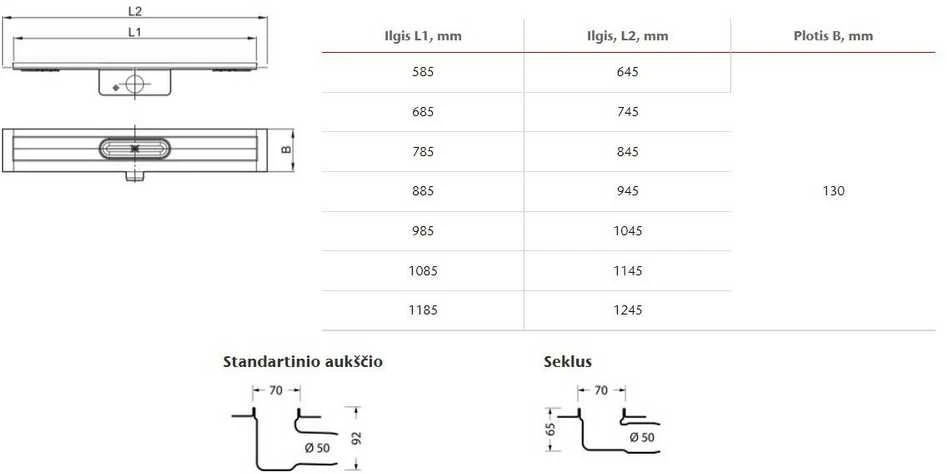 Dušo latako korpusas Aco ShowerDrain C, 65 mm su horizontaliu flanšu, 1185 mm